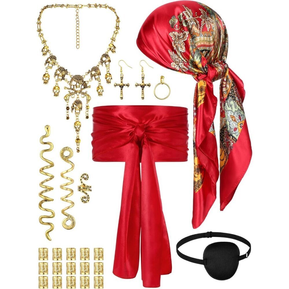 24 Pc Women's Pirate Costume Accessories Set Includes Headscarf Belt Eyepatch